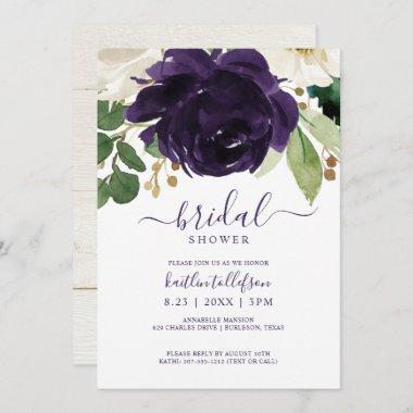Bridal Shower Watercolor Bouquet Plum Purple Invitations