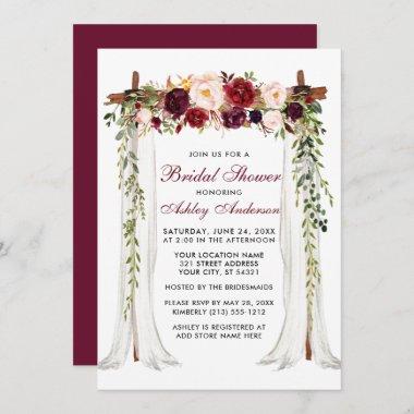 Bridal Shower Watercolor Burgundy Floral Canopy Invitations