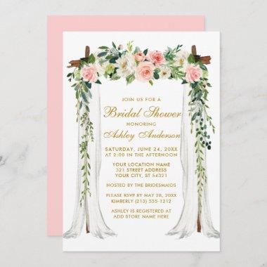 Bridal Shower Watercolor Floral Canopy Pink Gold Invitations