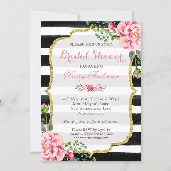 Bridal Shower Watercolor Floral Gold Glitter Decor Invitations