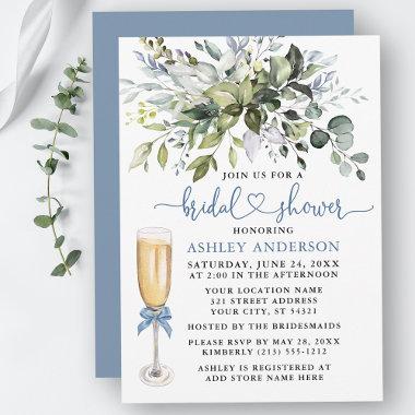 Bridal Shower Watercolor Greenery Dusty Blue Heart Invitations
