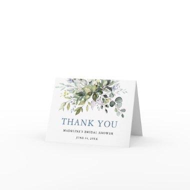 Bridal Shower Watercolor Greenery Dusty Blue Note Thank You Invitations