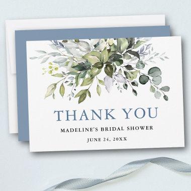 Bridal Shower Watercolor Greenery Dusty Blue Thank You Invitations