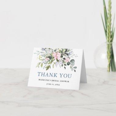 Bridal Shower Watercolor Greenery Pink Dusty Blue Thank You Invitations
