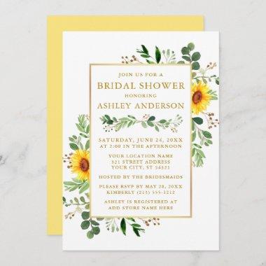 Bridal Shower Watercolor Greenery Sunflowers Gold Invitations