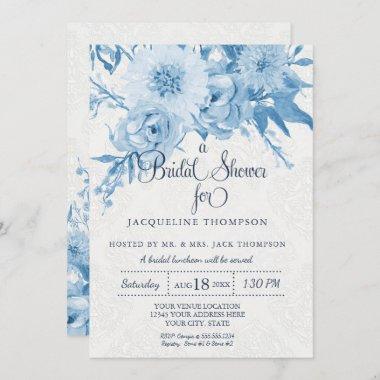 Bridal Shower Watercolor Navy Blue n White Floral Invitations