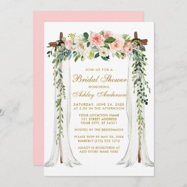 Bridal Shower Watercolor Pink Floral Canopy Gold Invitations