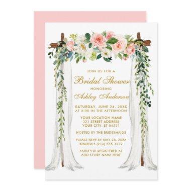 Bridal Shower Watercolor Pink Floral Canopy Gold Invitations