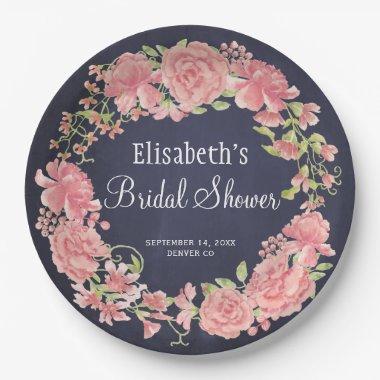 Bridal shower watercolor pink floral navy paper plates