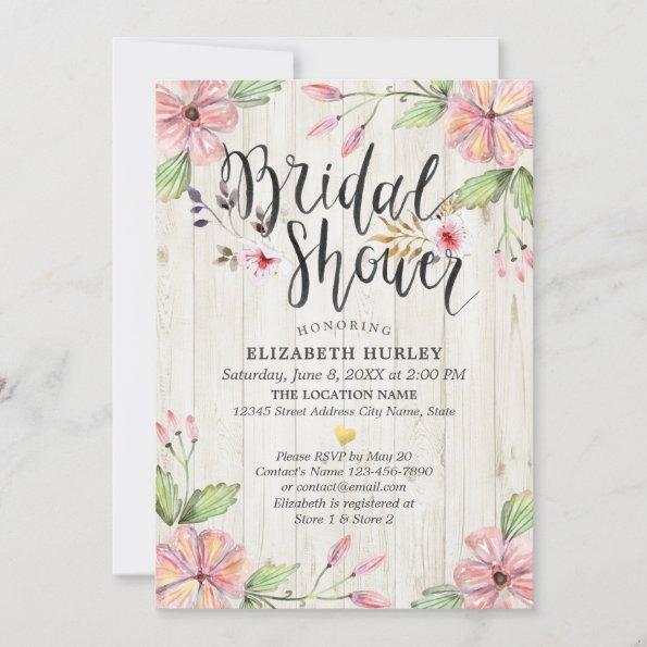 Bridal Shower Watercolor Pink Flowers Rustic Wood Invitations