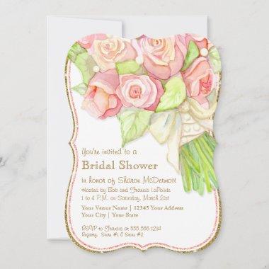 Bridal Shower Watercolor Rose Bouquet Satin Pearls Invitations