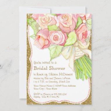 Bridal Shower Watercolor Rose Bouquet Satin Pearls Invitations