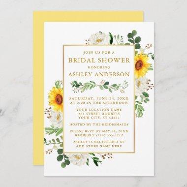 Bridal Shower Watercolor Sunflowers White Floral Invitations