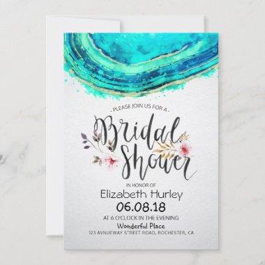 Bridal Shower Watercolor Teal & Gold Agate Geode Invitations