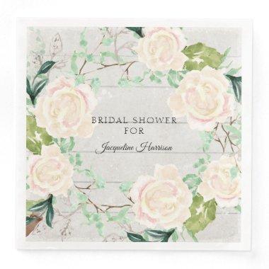 Bridal Shower Watercolor Wood Floral Ivory Roses Paper Dinner Napkins