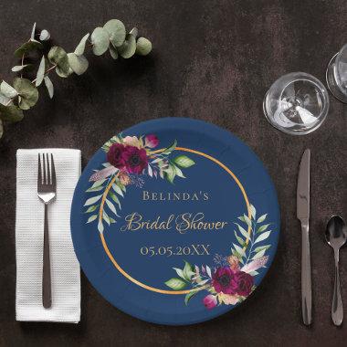 Bridal Shower watercolored florals burgundy blue Paper Plates