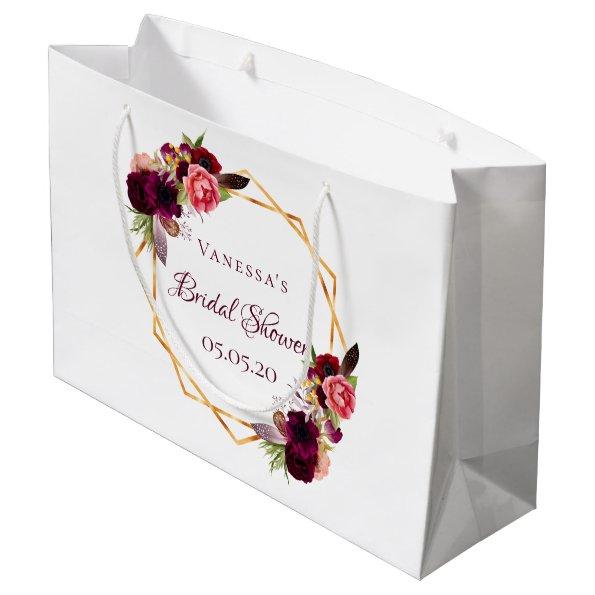 Bridal Shower watercolored florals burgundy gold Large Gift Bag