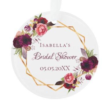 Bridal Shower watercolored florals burgundy gold Ornament