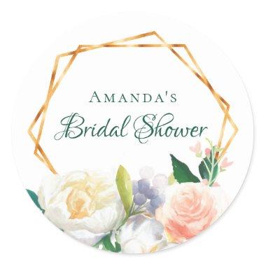 Bridal Shower watercolored florals pink geometric Classic Round Sticker