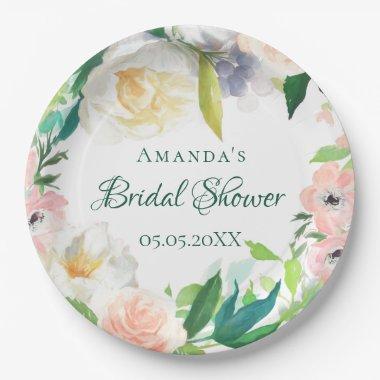 Bridal Shower watercolored florals wreath pink Paper Plates