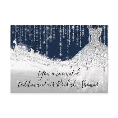 Bridal Shower Waves Glitter Gray Grey Navy Spark Invitations