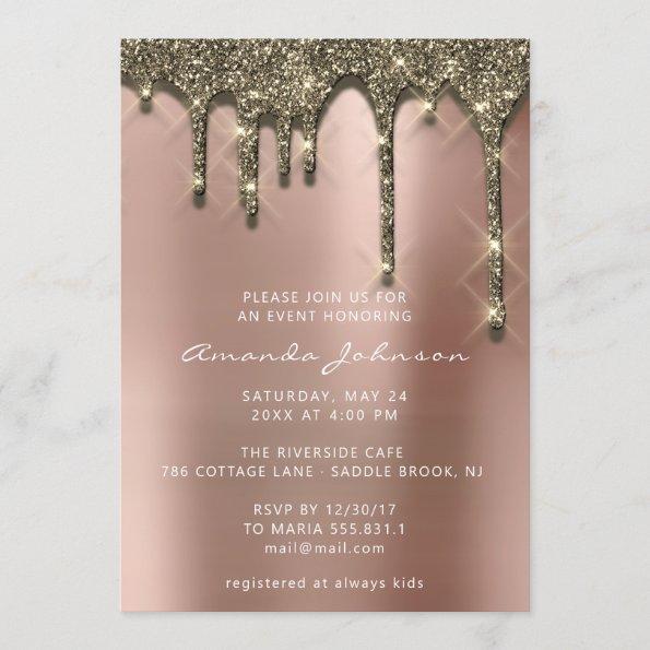 Bridal Shower Wedding Birthday Rose Gold Drip Invitations