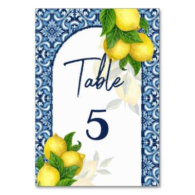 Bridal shower wedding blue and tiles lemon Amalfi Table Number