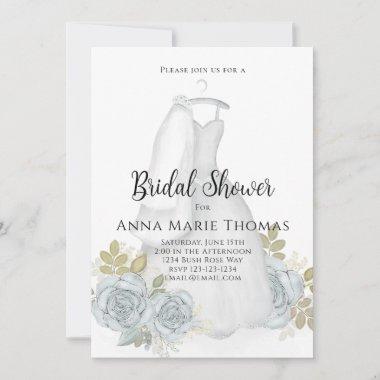 Bridal Shower Wedding Dress Elegant Blue Floral Invitations