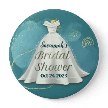 Bridal Shower Wedding Gown Deep Teal Gold Glitter Button
