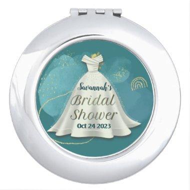 Bridal Shower Wedding Gown Deep Teal Gold Glitter Compact Mirror