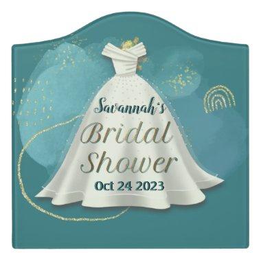 Bridal Shower Wedding Gown Deep Teal Gold Glitter Door Sign