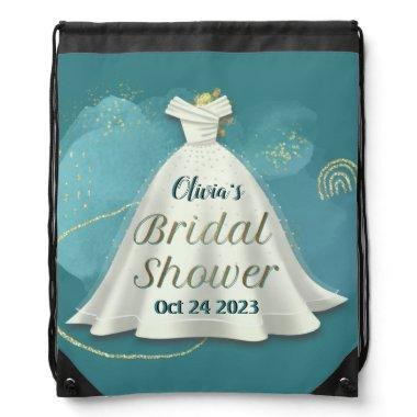 Bridal Shower Wedding Gown Deep Teal Gold Glitter Drawstring Bag