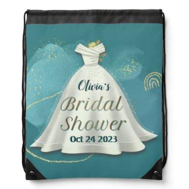 Wedding Gown Deep Teal Gold Glitter Drawstring Bag