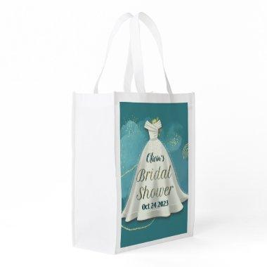 Bridal Shower Wedding Gown Deep Teal Gold Glitter Grocery Bag