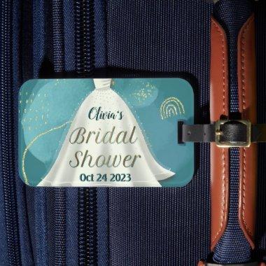 Bridal Shower Wedding Gown Deep Teal Gold Glitter Luggage Tag