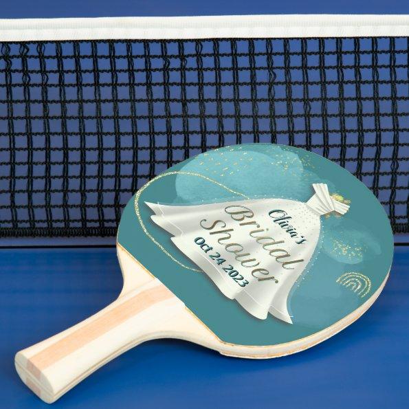 Bridal Shower Wedding Gown Deep Teal Gold Glitter Ping Pong Paddle