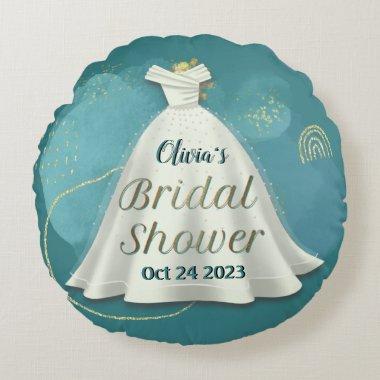 Bridal Shower Wedding Gown Deep Teal Gold Glitter Round Pillow