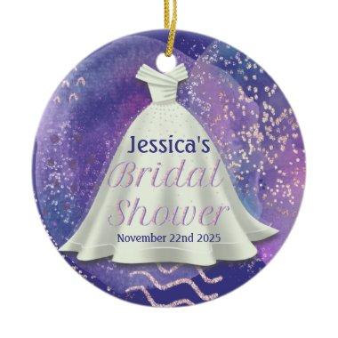 Bridal Shower Wedding Gown Purple & Rose Gold Glam Ceramic Ornament