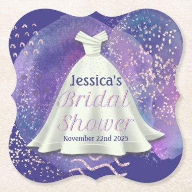 Bridal Shower Wedding Gown Purple & Rose Gold Glam Paper Coaster
