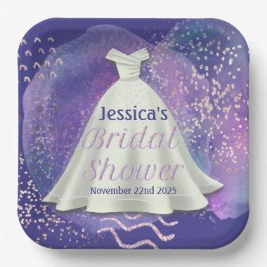 Bridal Shower Wedding Gown Purple & Rose Gold Glam Paper Plates