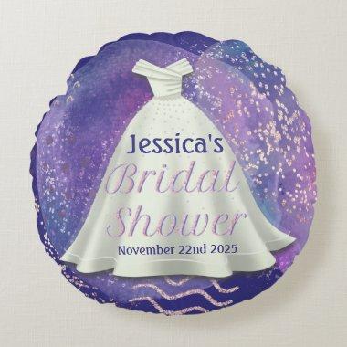 Bridal Shower Wedding Gown Purple & Rose Gold Glam Round Pillow