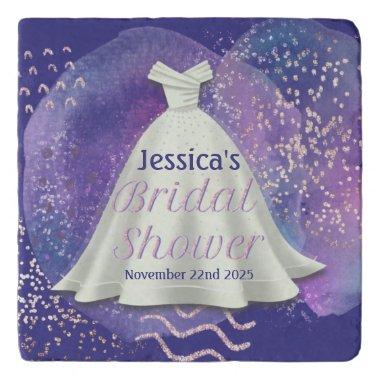Bridal Shower Wedding Gown Purple & Rose Gold Glam Trivet