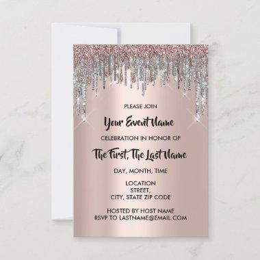 Bridal Shower Wedding Sweet 16th Rose Glitter Drip Invitations