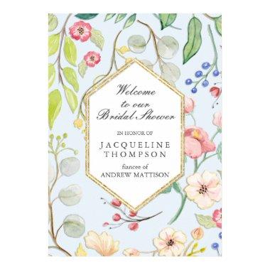 Bridal Shower Welcome Dusty Blue Floral Foliage Poster