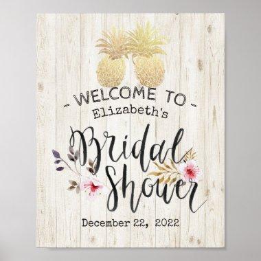 Bridal Shower Welcome Golden Pineapple Rustic Wood Poster