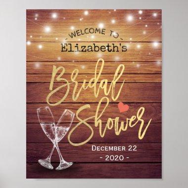 Bridal Shower Welcome Rustic Wood Champagne Glass Poster