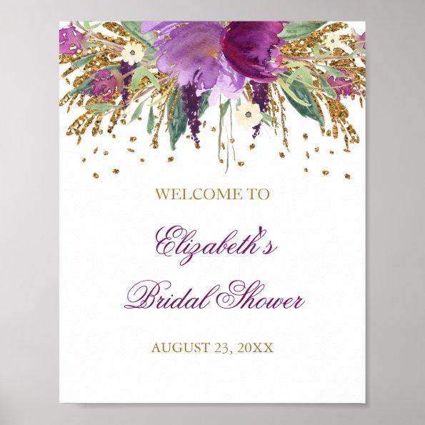 Bridal Shower Welcome Sign Floral Glitter Amethyst