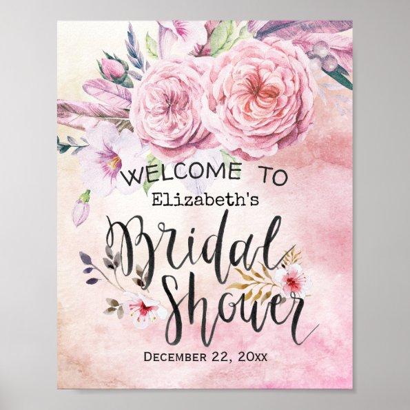 Bridal Shower Welcome Watercolor Floral & Feathers Poster