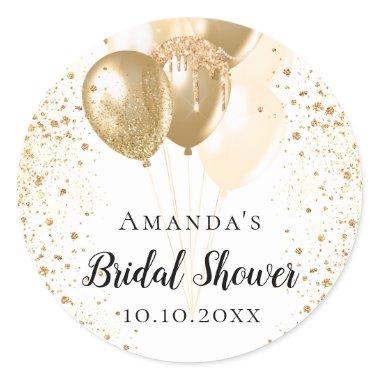 Bridal Shower white gold glitter balloons name Classic Round Sticker