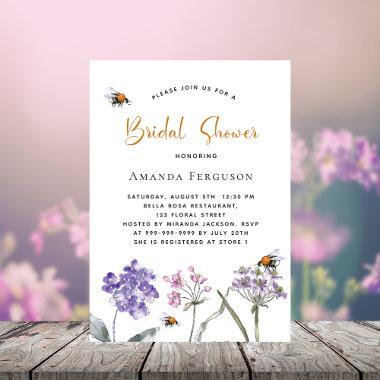 Bridal Shower wildflowers violet pink bee luxury Invitations